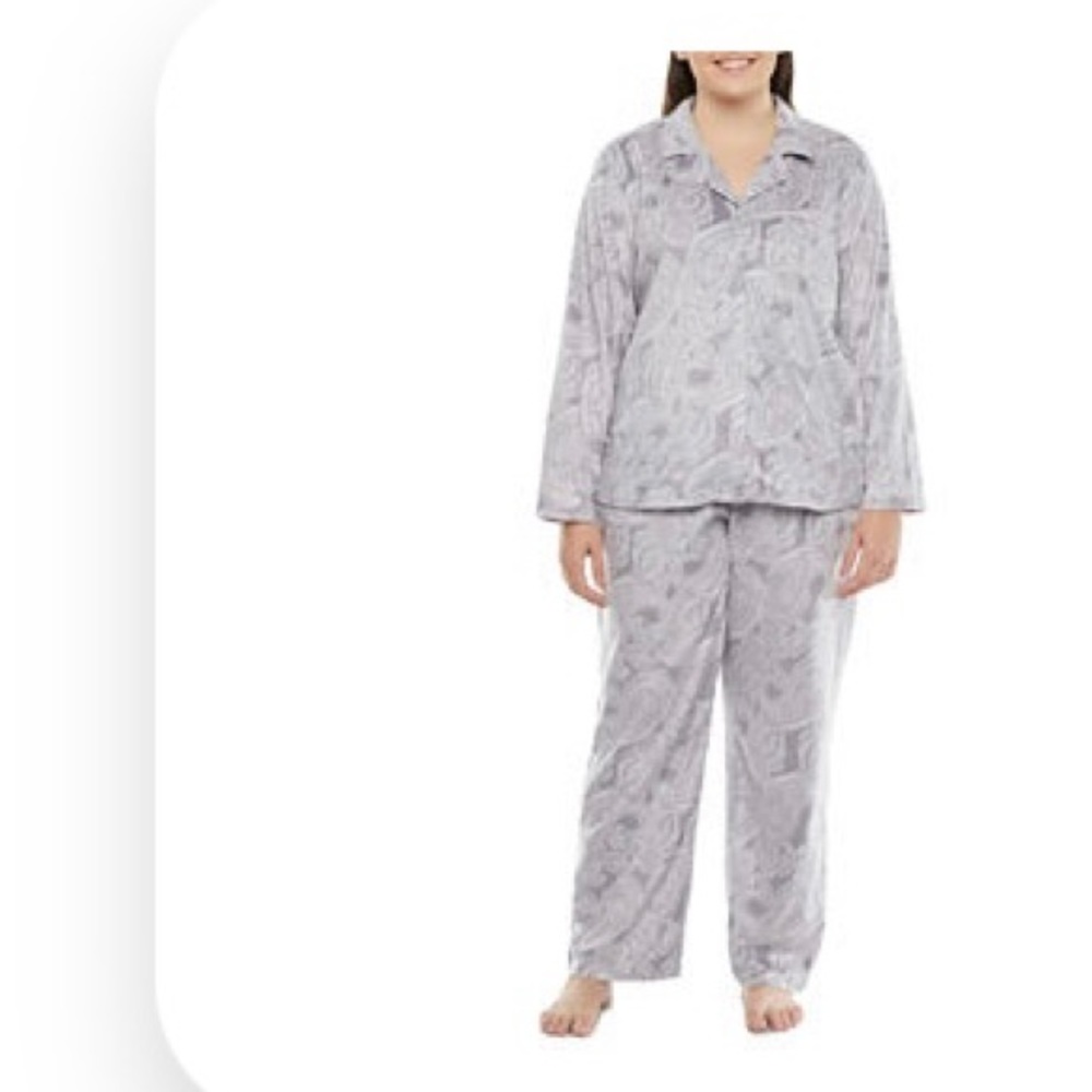 Adonna Womens 2 Piece Fleece Pajama Set Size 1X Gray Paisley Sleep Lounge Soft